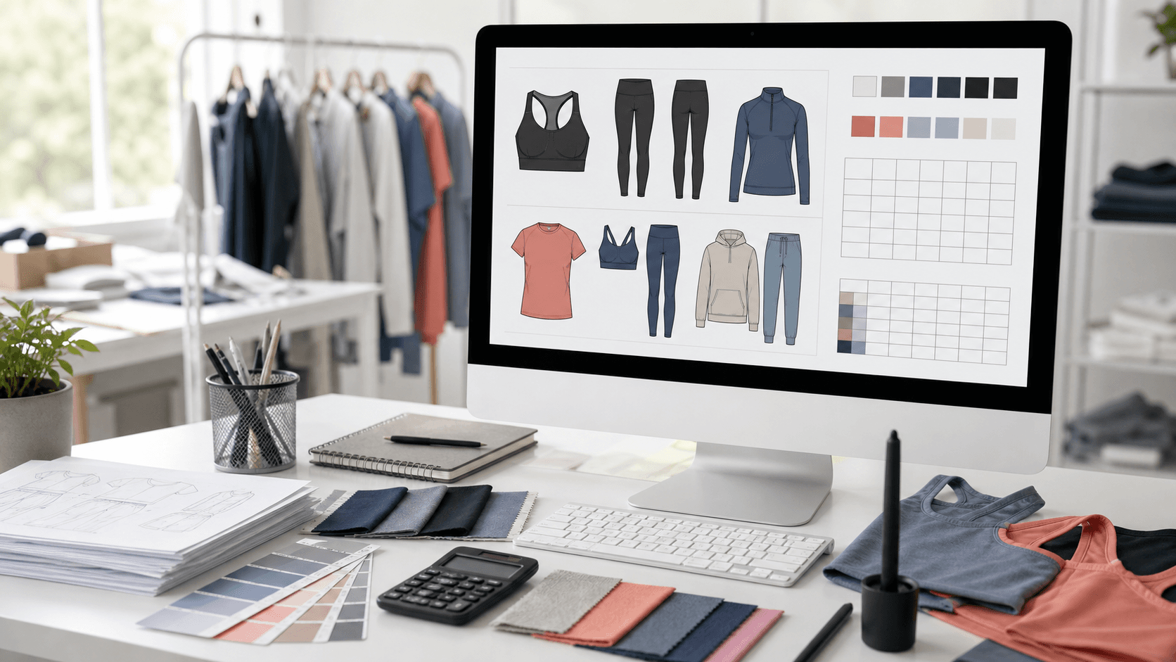 Unbranded activewear product drawings, size grids, fabric swatches, garment samples, and a calculator on an apparel development desk