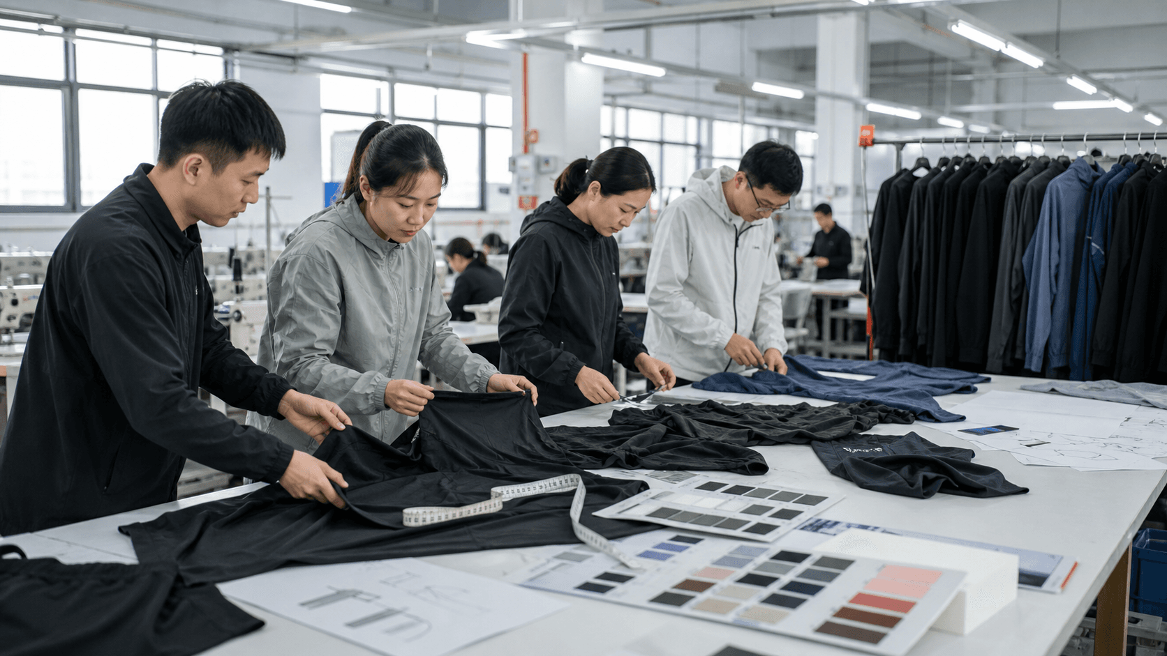 Chinese activewear factory team inspecting unbranded garments, fabric swatches, and sample-development details