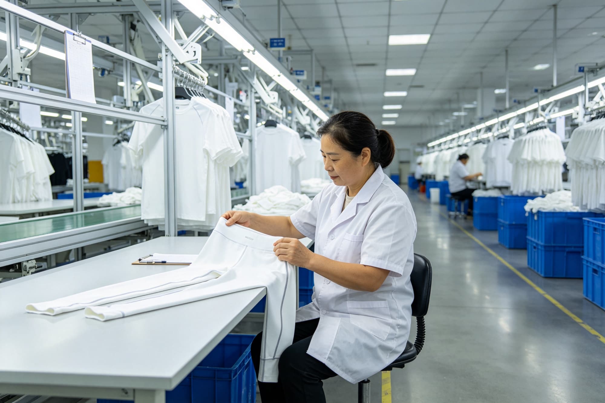 Factory team preparing unbranded activewear samples, material references, and development information for a controlled fit review