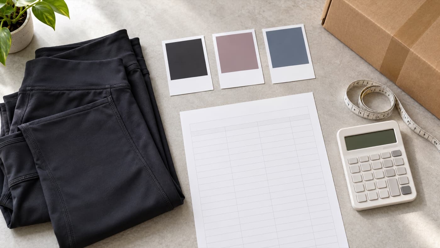 Folded activewear, blank SKU color cards, a worksheet and calculator arranged for a landed-cost review.