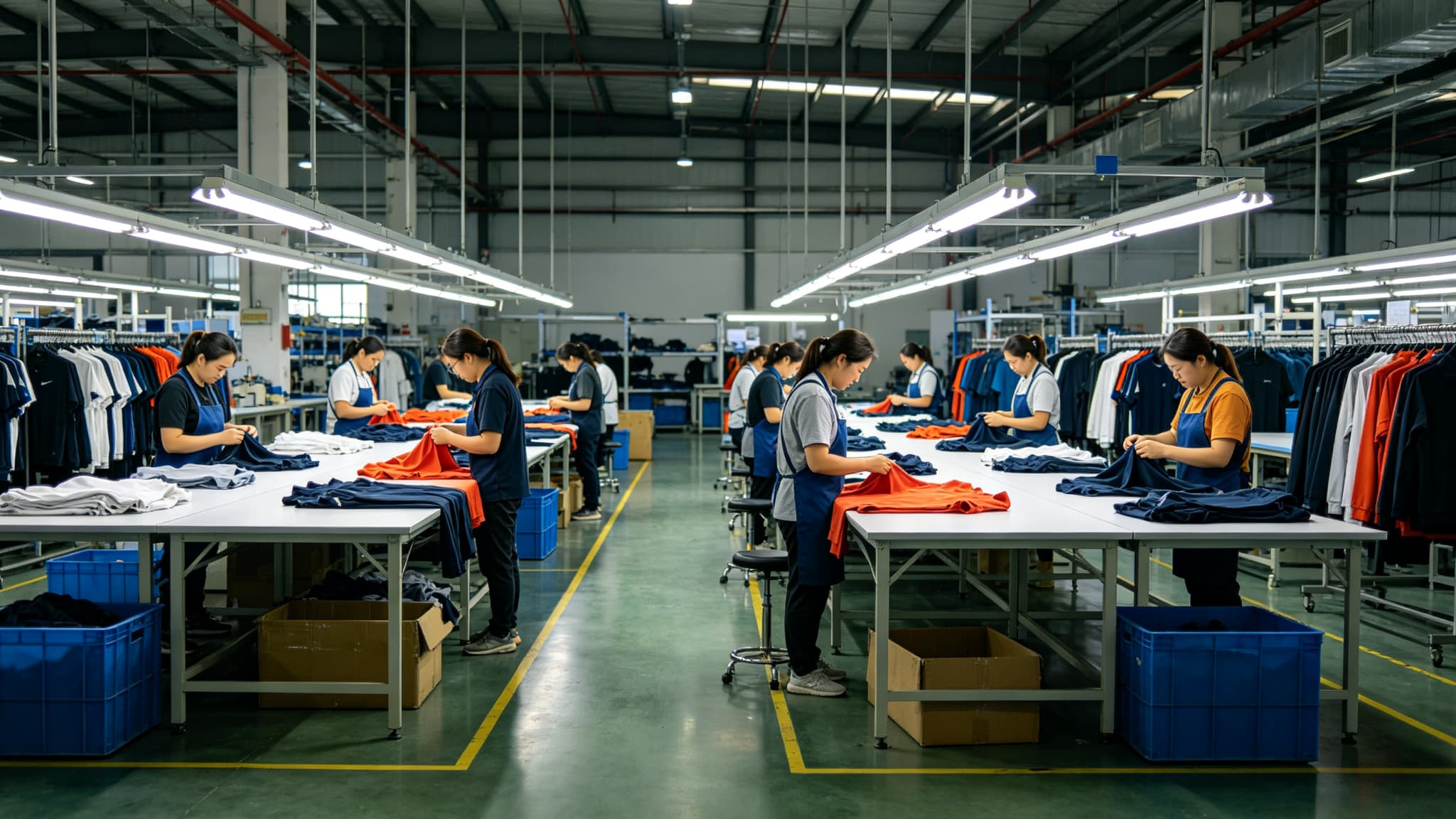 Chinese garment factory quality-control area illustrating the production handoff context for an activewear measurement specification.