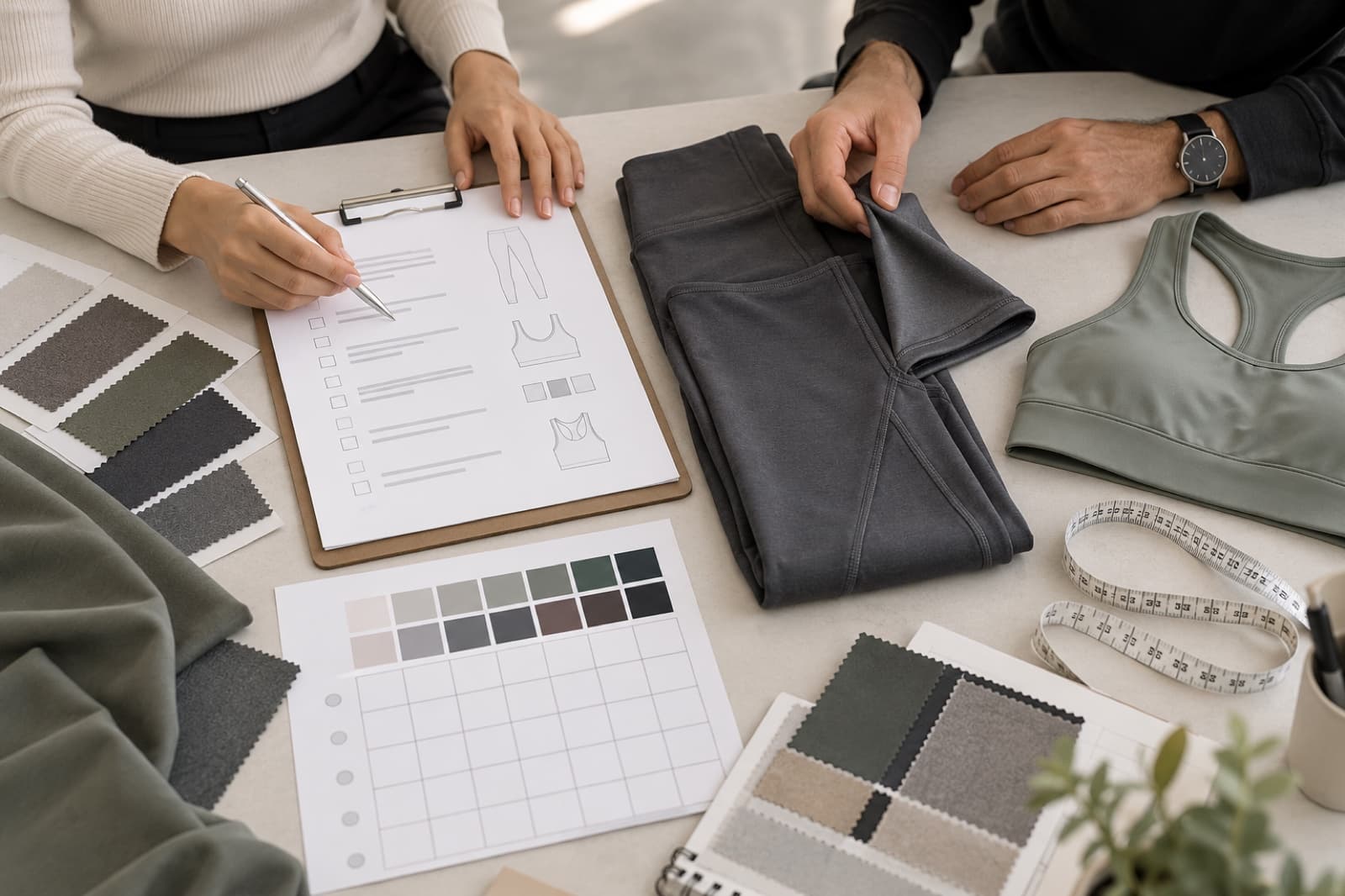 Illustrative activewear order review with a garment sample, blank checklist, colour chips and size matrix on a studio table.