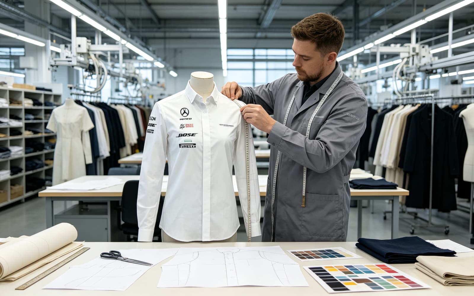 Pattern-room team measuring garments and reviewing pattern pieces for an activewear size range