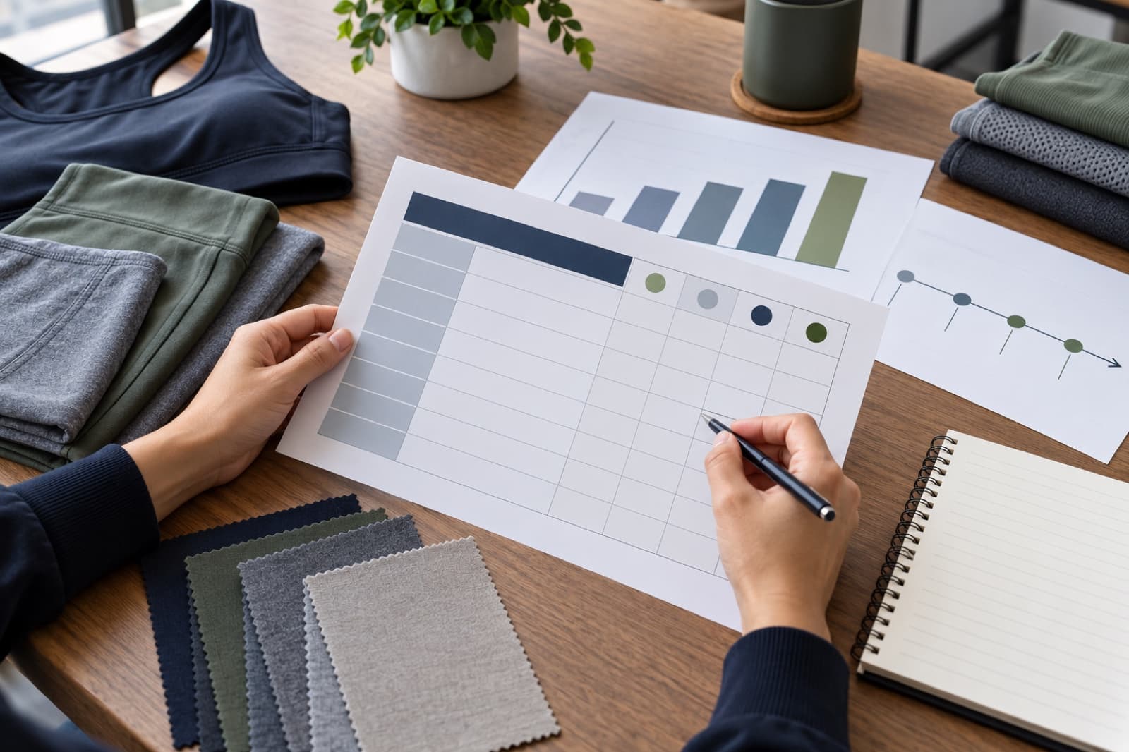 Illustrative activewear supplier scorecard review with fabric swatches, a blank rating grid and generic charts.