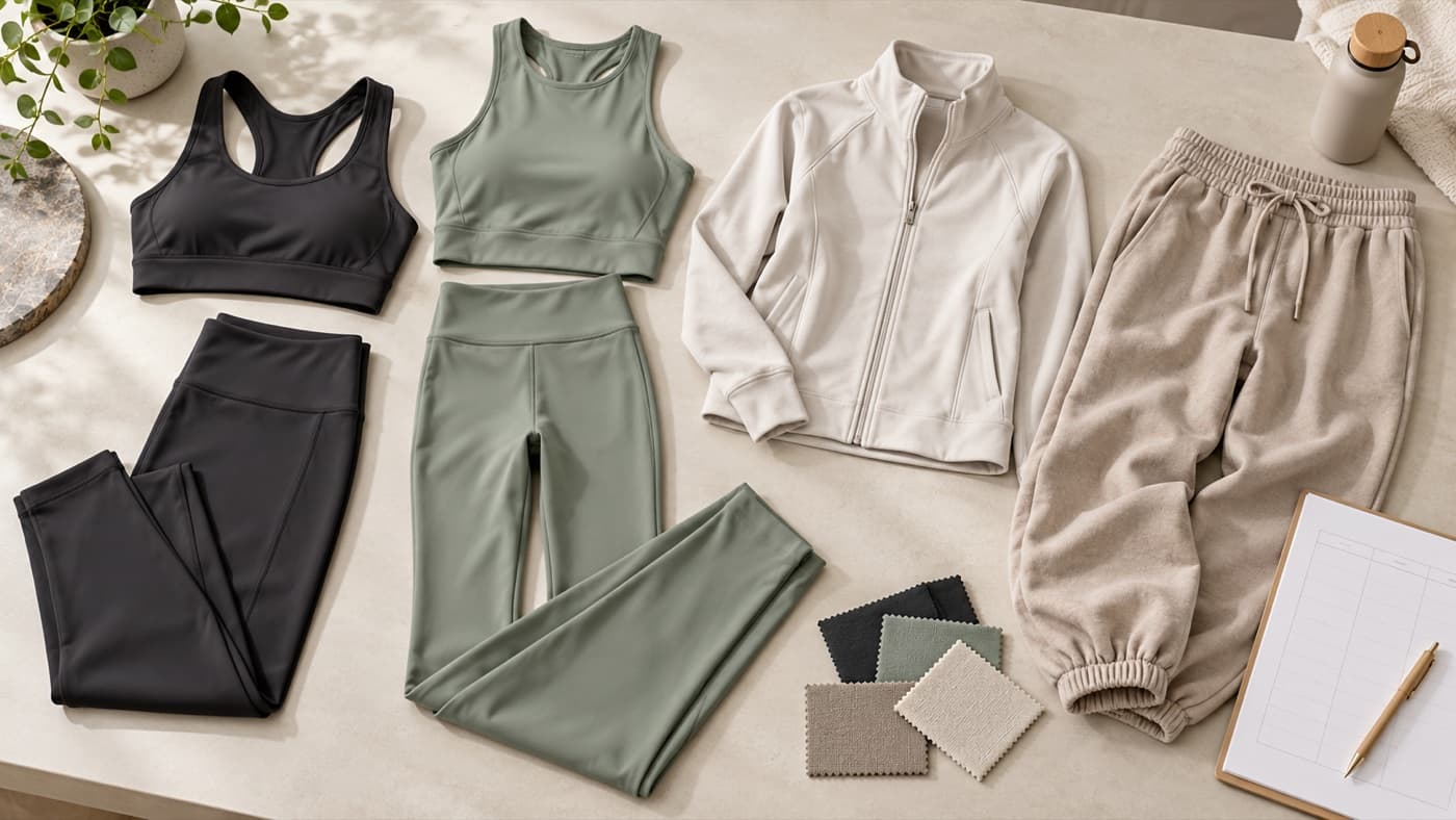 An unbranded activewear assortment arranged by training, yoga layer and casual jogger roles beside fabric swatches.