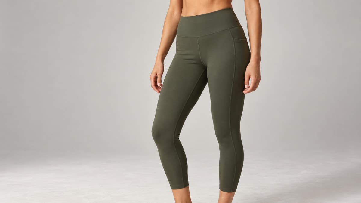 Generic olive high-waist leggings sample shown in a neutral studio as a waistband and fit-block development reference.