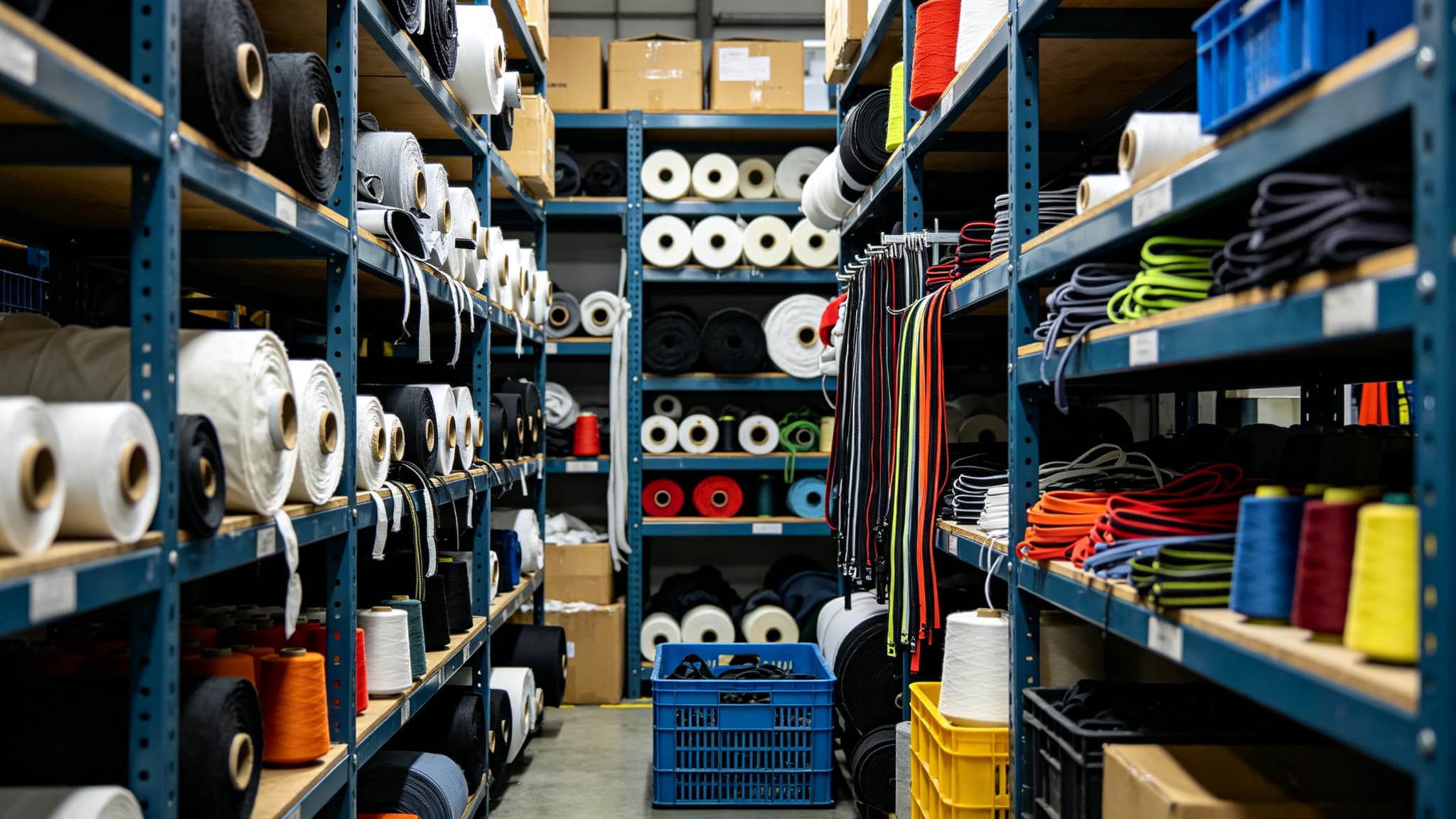 Unbranded rolls of garment materials and trims organised for activewear development and decoration review.