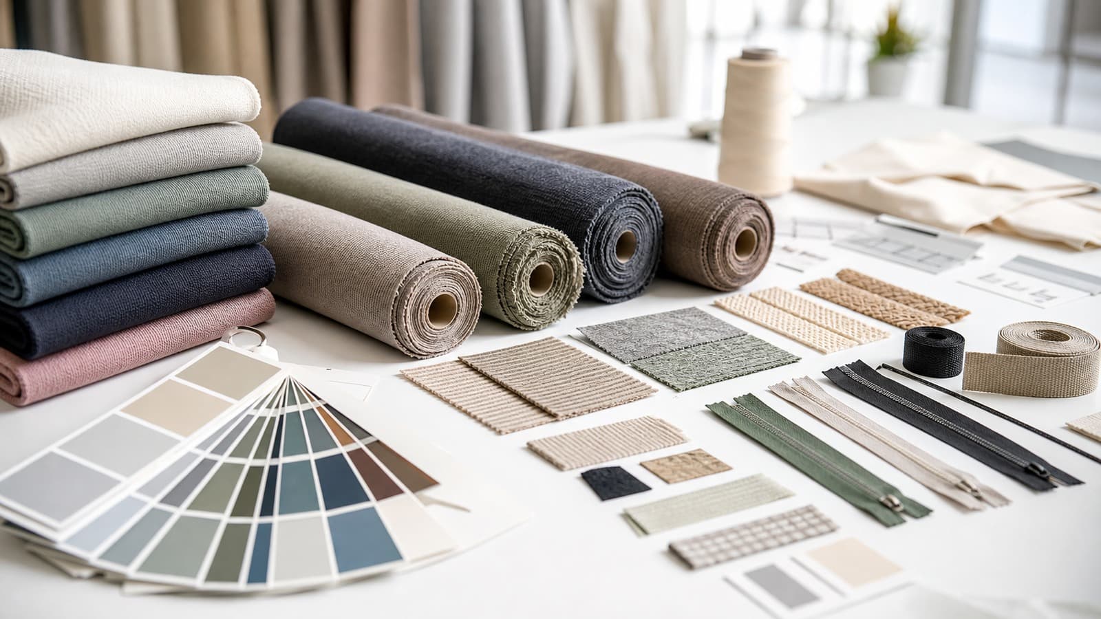 Technical fabric rolls, colour swatches, zippers, and trims prepared for hybrid race apparel development