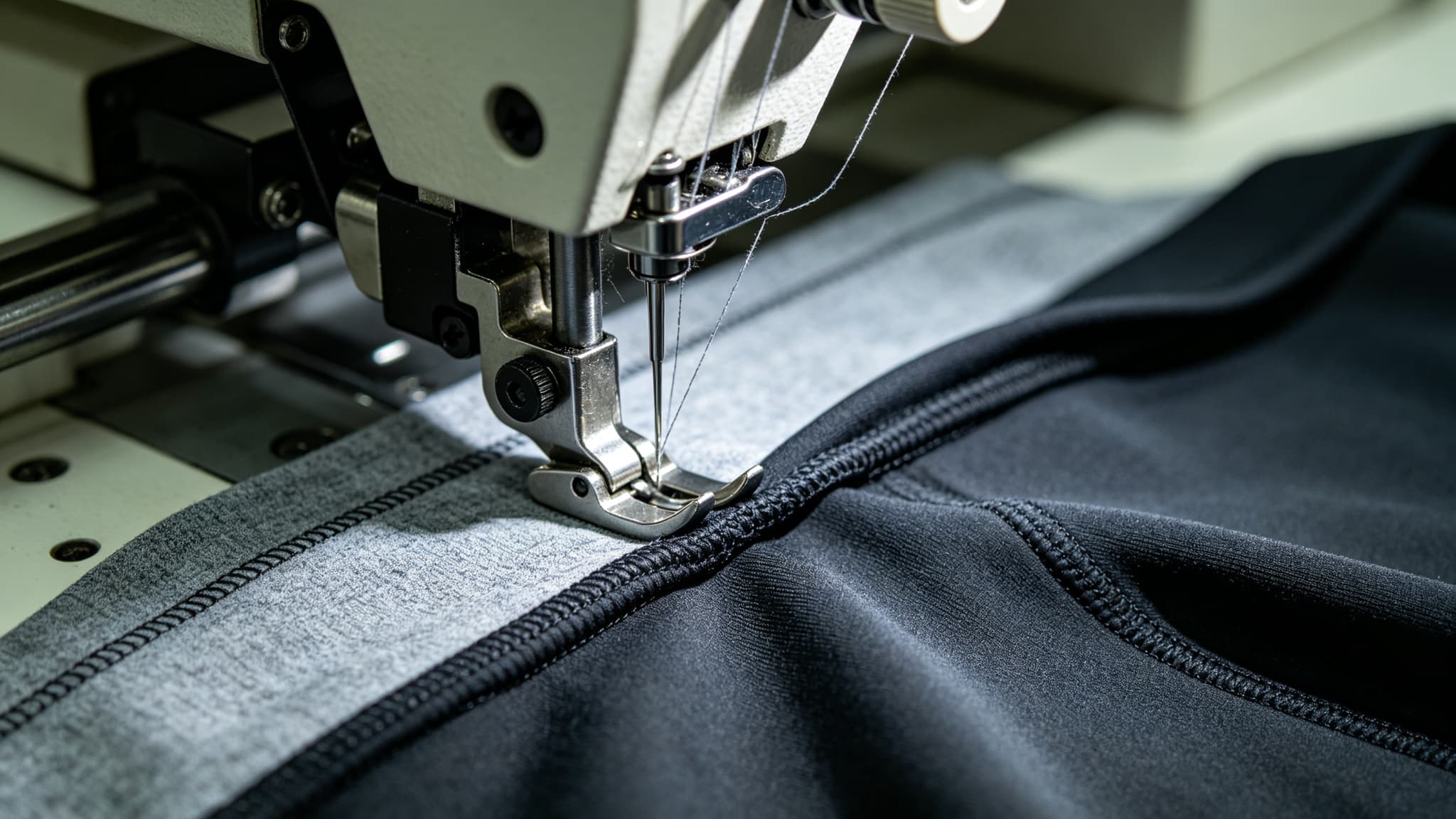 Vista de cerca de una costura overlock de cuatro hilos que une dos paneles de la prenda