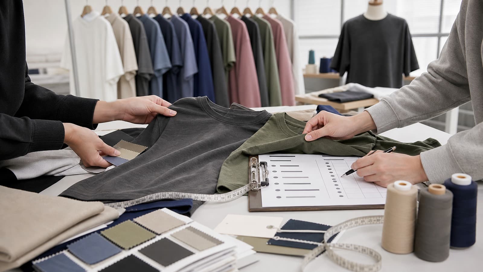 B2B buyer and activewear factory team comparing samples and supplier requirements
