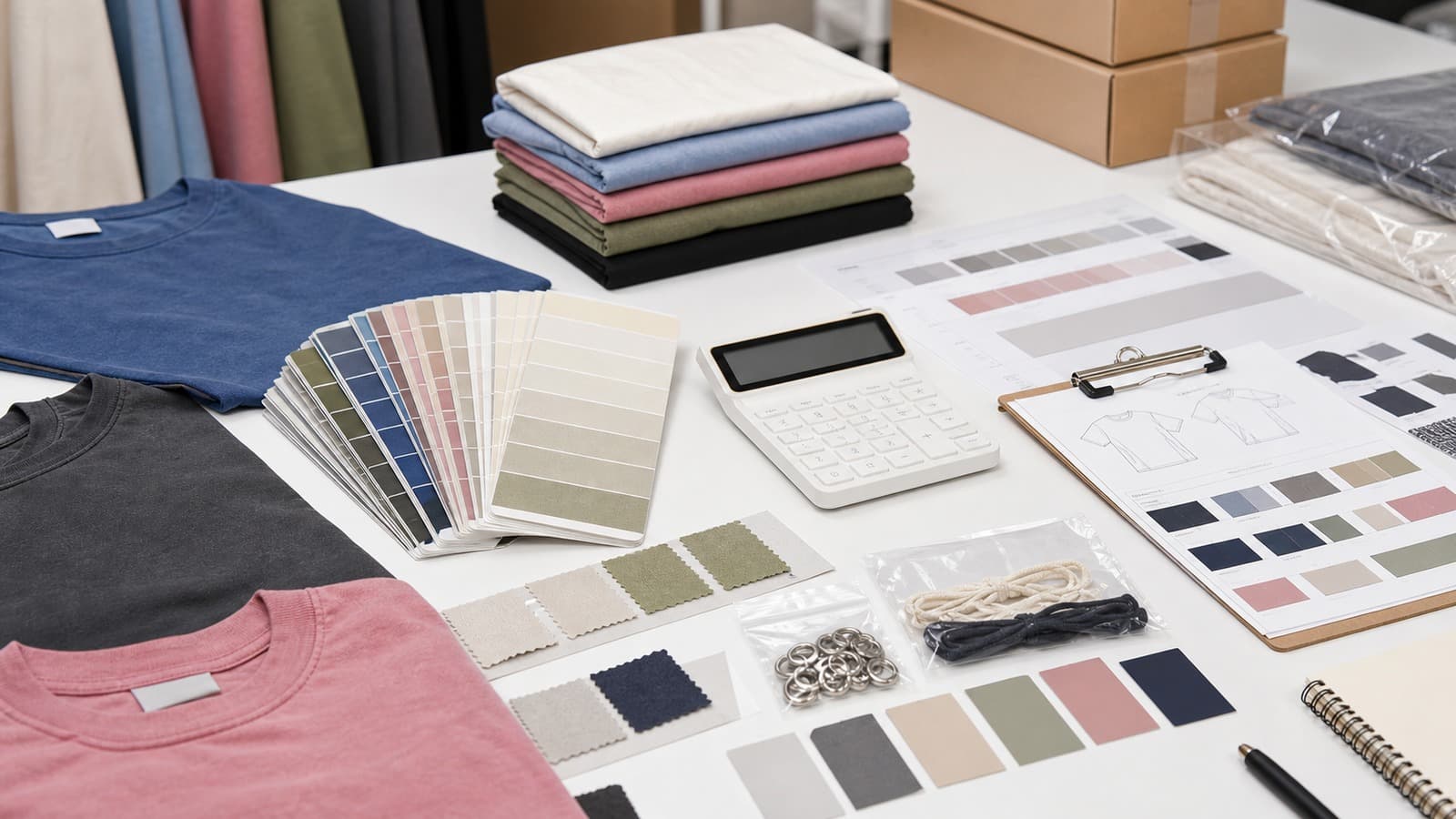 Unbranded activewear garments, fabric swatches, colour chips, hardware, sketches, and a calculator arranged for sample cost planning