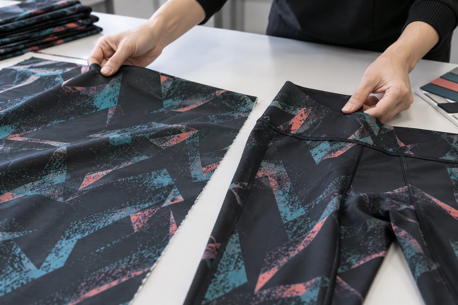 A reviewer compares a printed activewear sample with a sewn garment panel on a worktable.