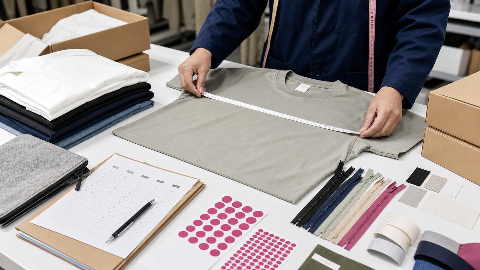 Garment quality-control review with measurement checks, trims, and packing references