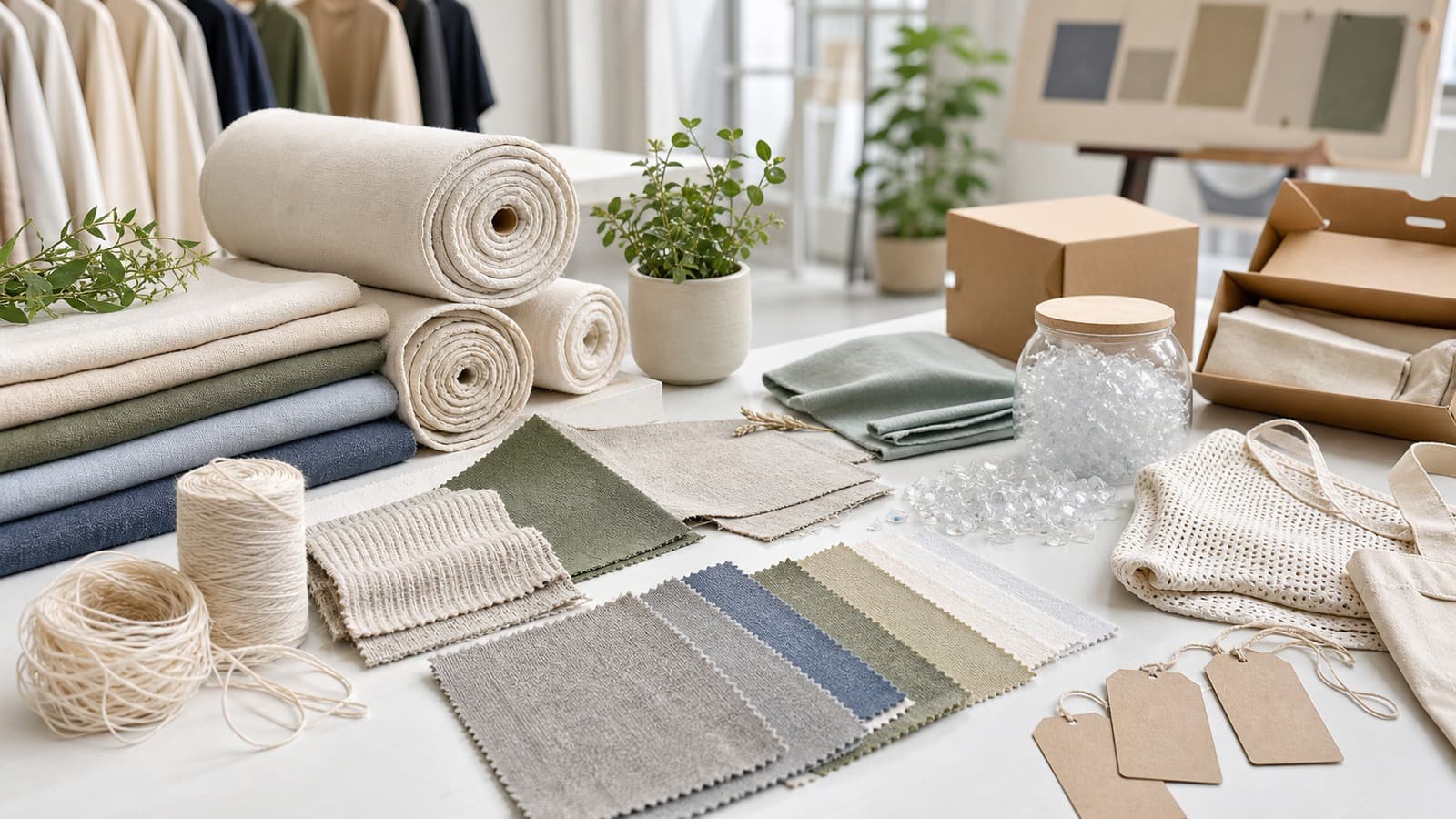 Fabric rolls, material swatches, labels, and packaging references for a performance apparel brief