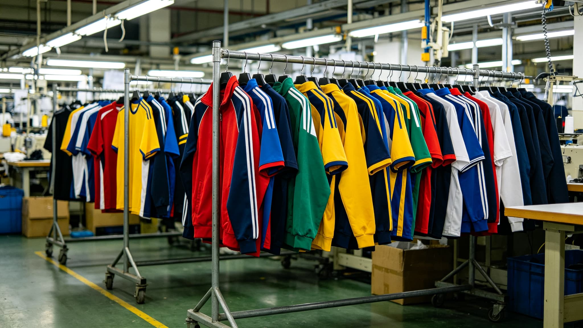Unbranded gym-wear range on a production line as an editorial product-direction reference