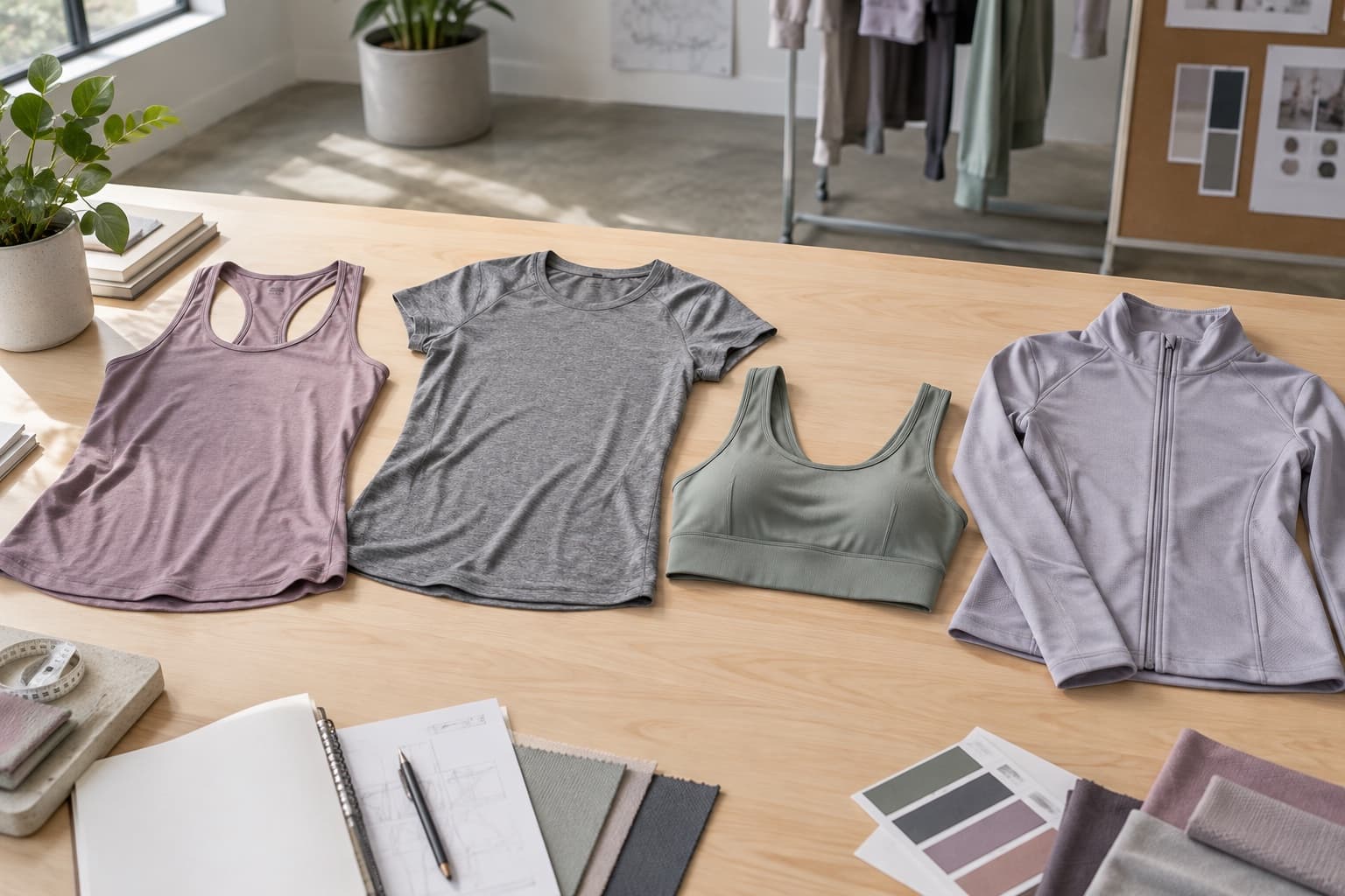A product-planning table with unbranded workout tanks, a tee, a crop top and a zip layer.