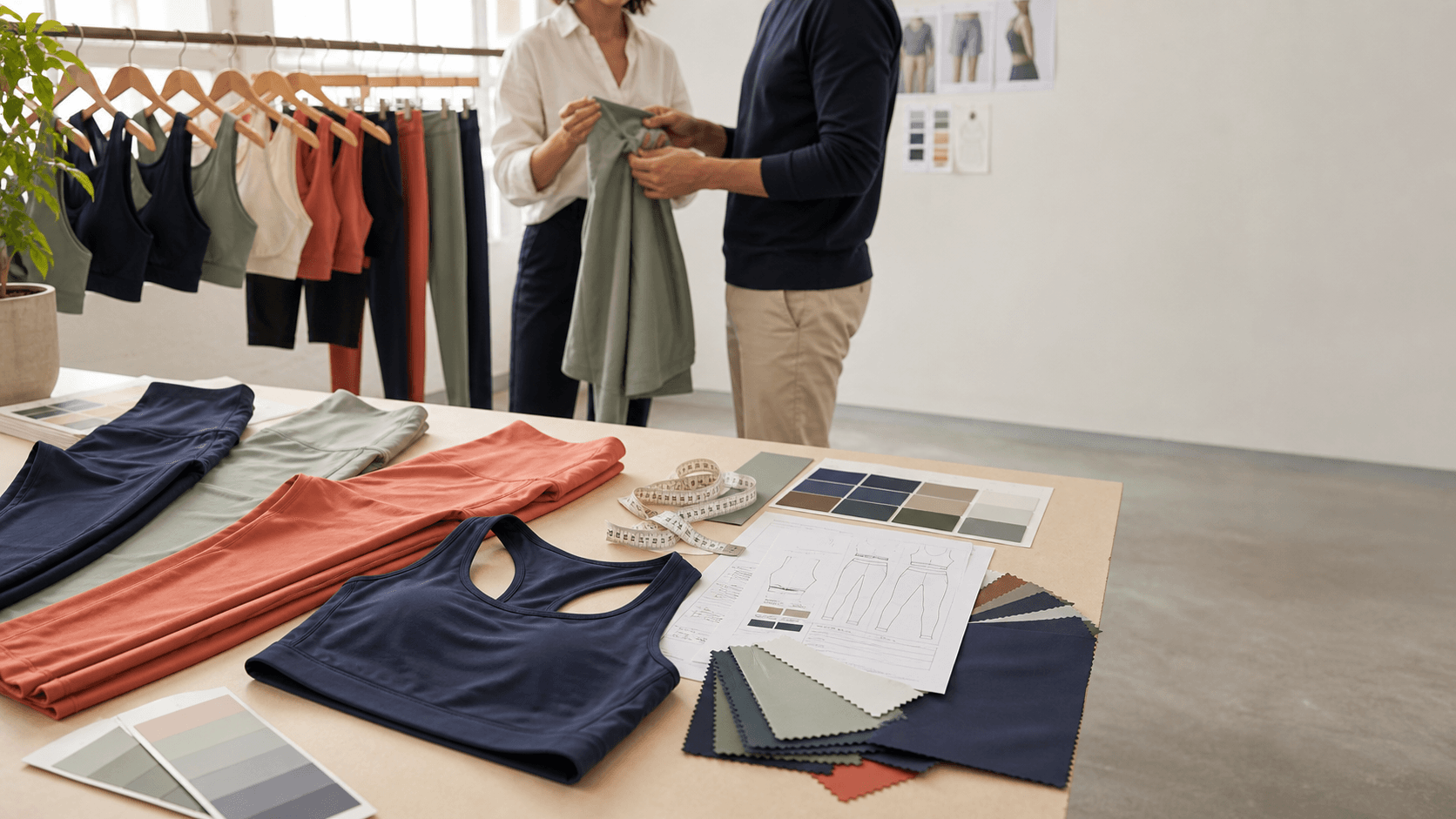 Yoga apparel development team reviewing fabric, fit, and brand details
