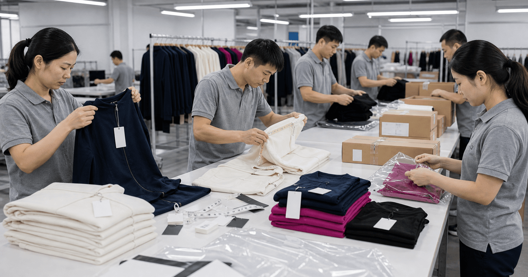 Factory team measuring garments and checking packing details for a private-label activewear order