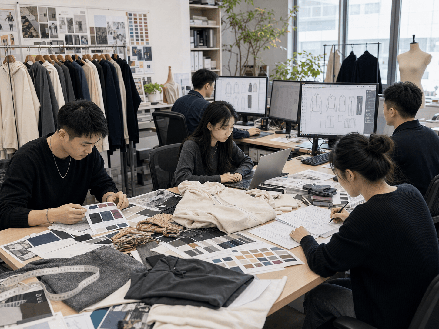 Activewear product design review with sketches, swatches, and samples