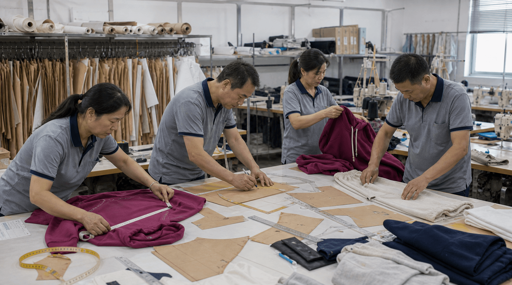 Authorized factory pattern room with activewear pattern pieces, sample references, and production-development materials