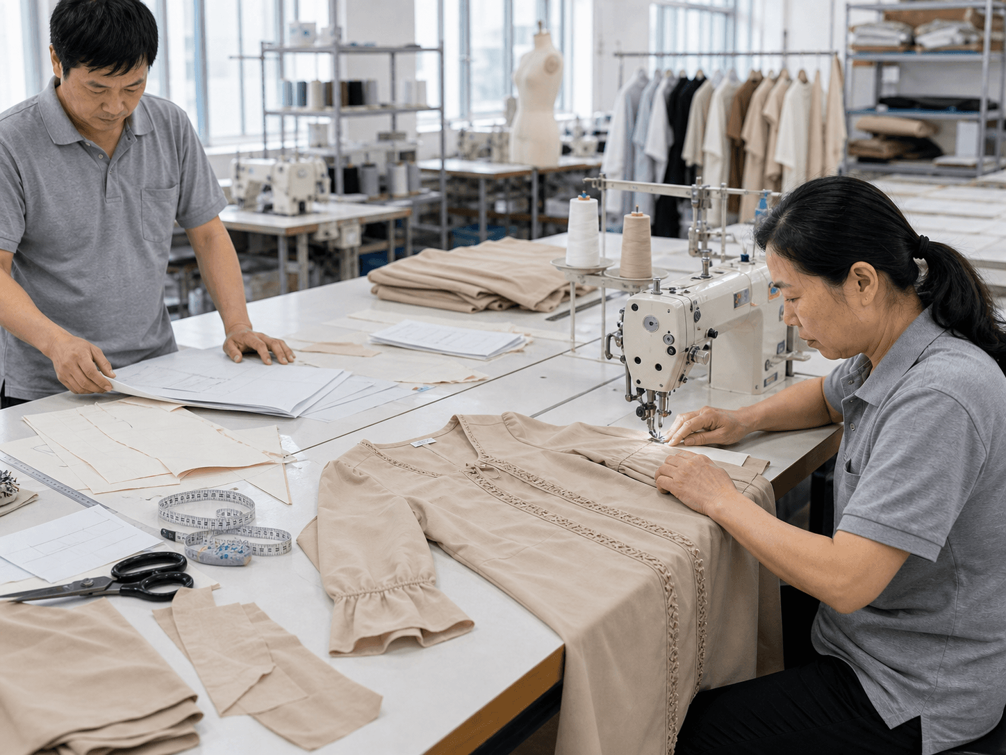 Factory team reviewing garment samples and construction notes for supplier evaluation