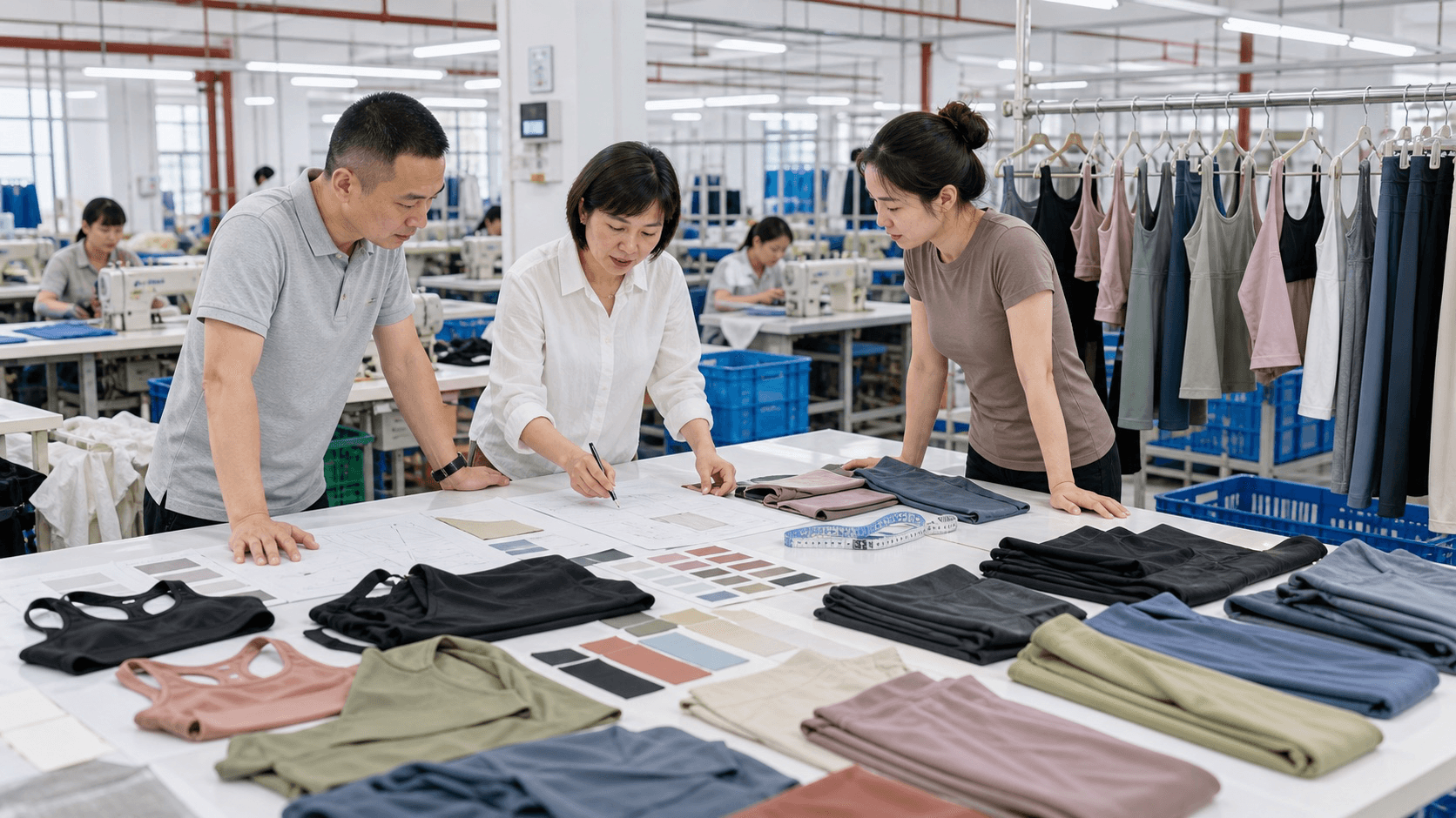 Factory sample maker reviewing an unbranded activewear garment during sample development