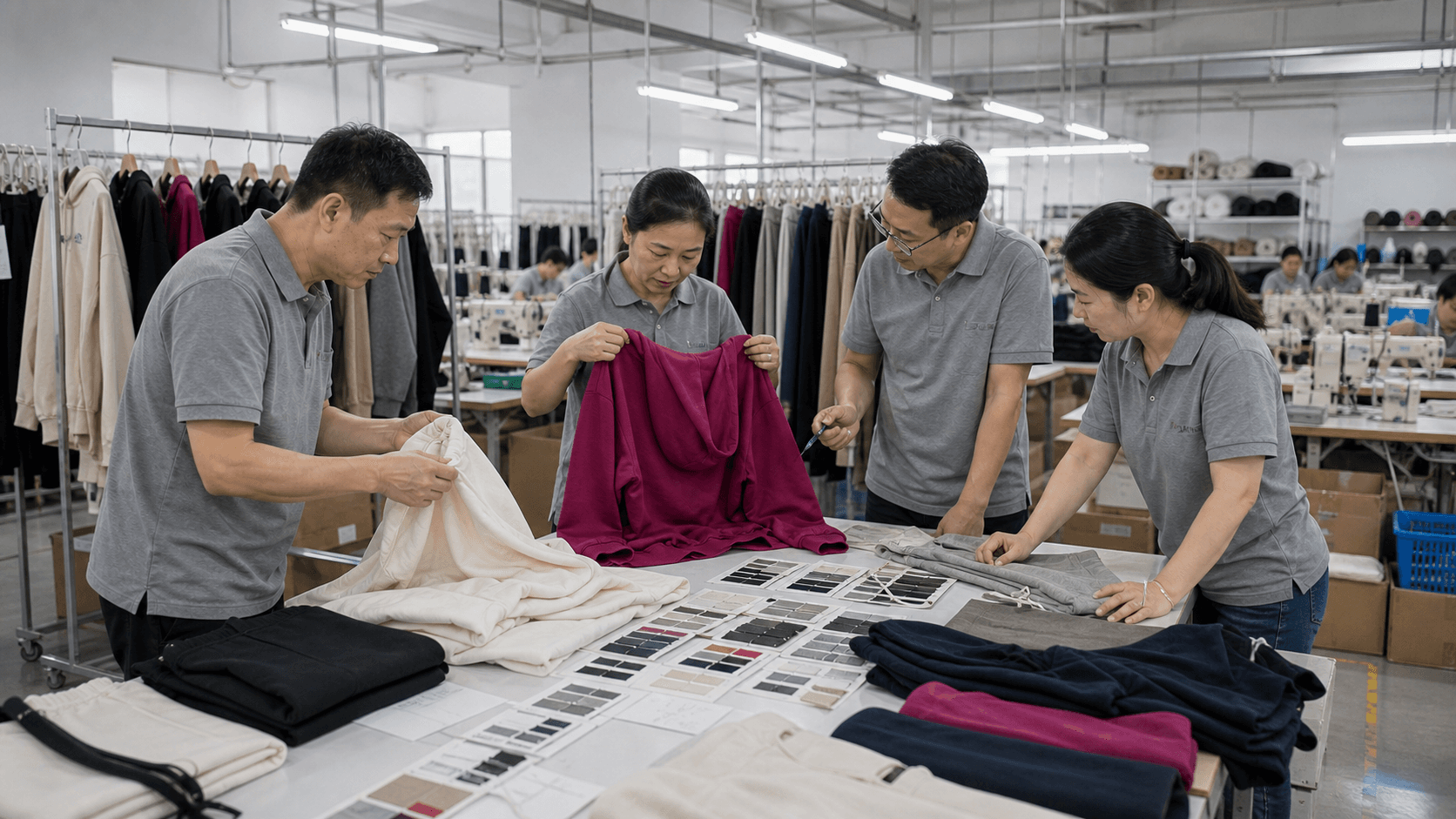 Authorized factory team reviewing activewear samples, fabric swatches, and component choices at a development table