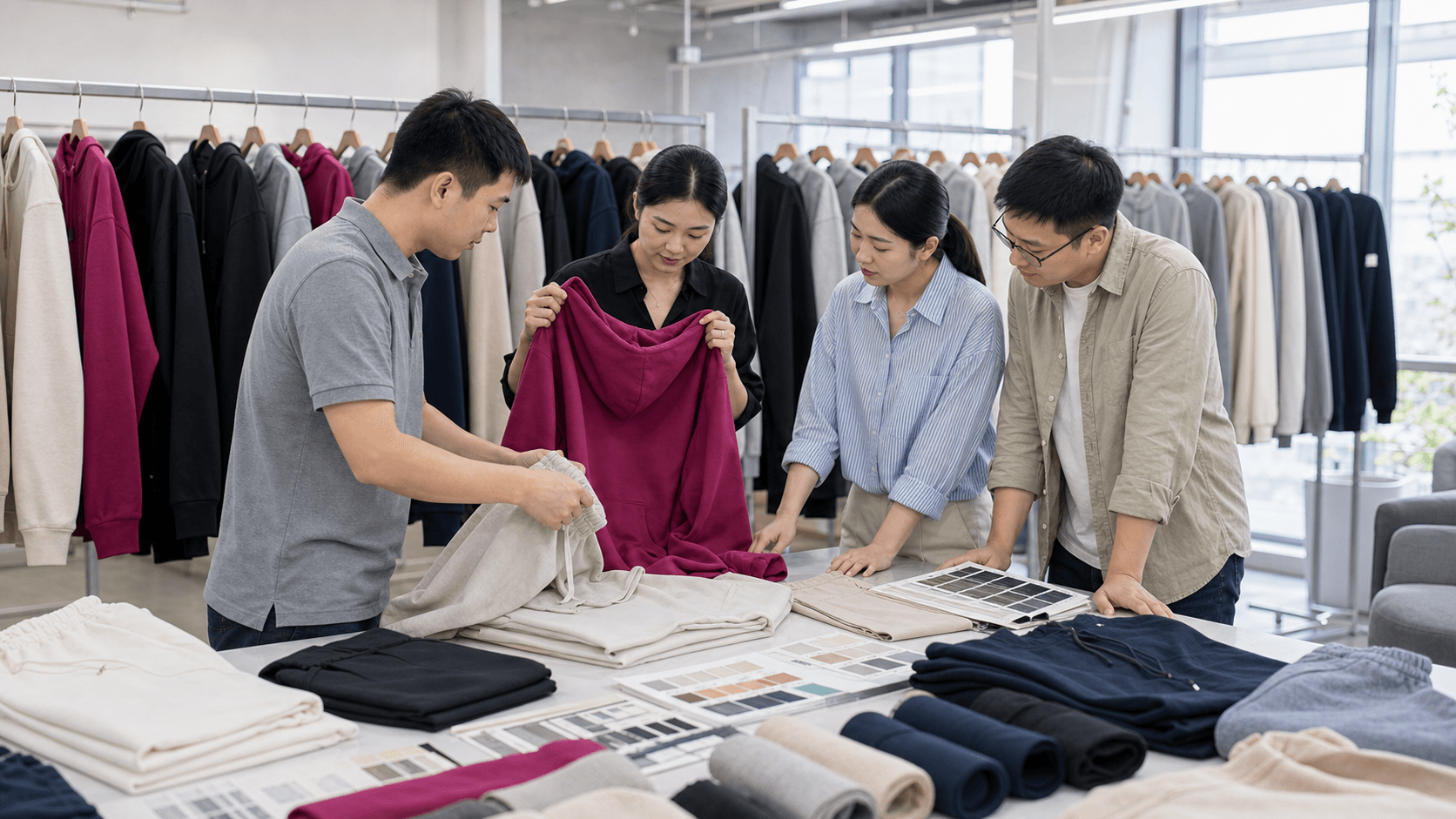 Product team reviewing unbranded garments, fabric swatches, colour cards, and multiple sample options around a planning table