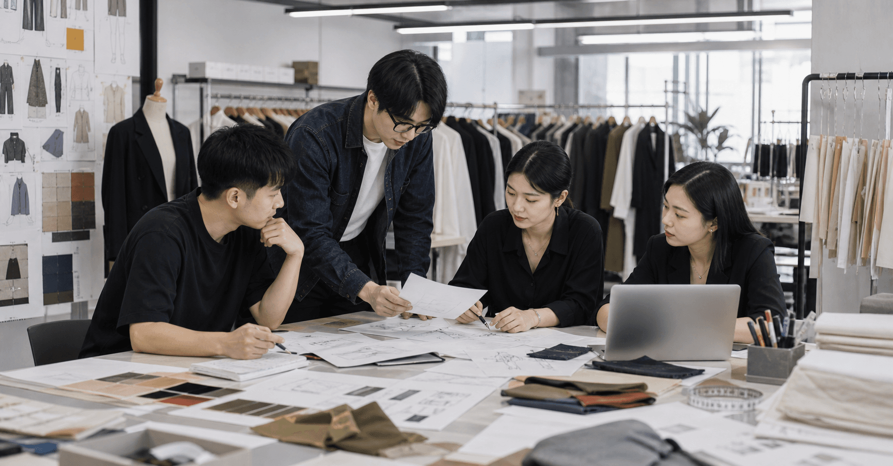 Apparel design team reviewing sketches, fabric swatches, and development references