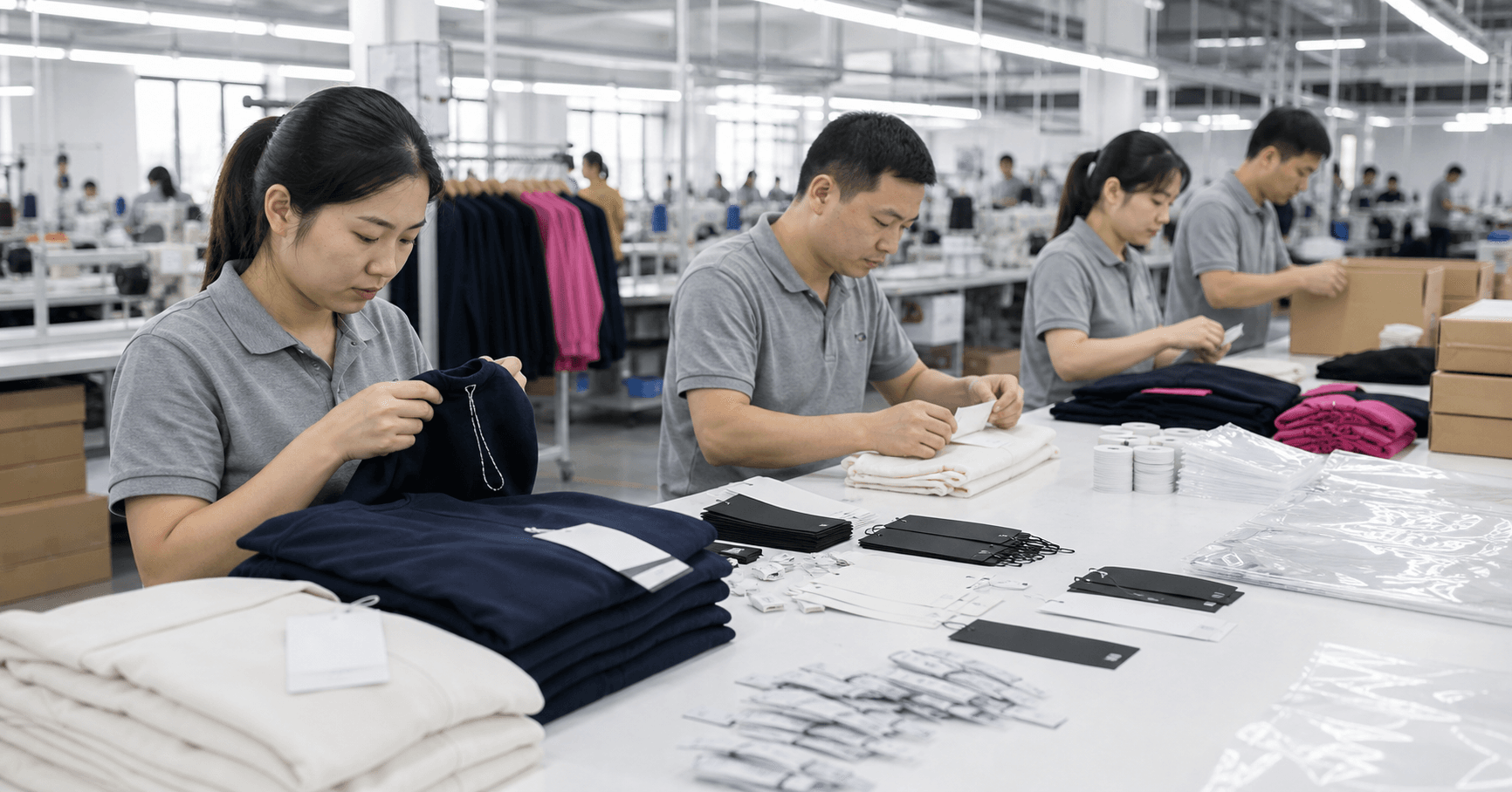 Factory team checking garments, labels, and packing materials before shipment