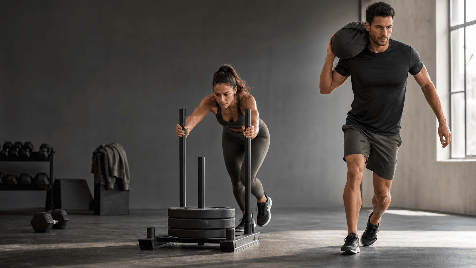 Athletes training with a sled and sandbag in unbranded hybrid race technical apparel