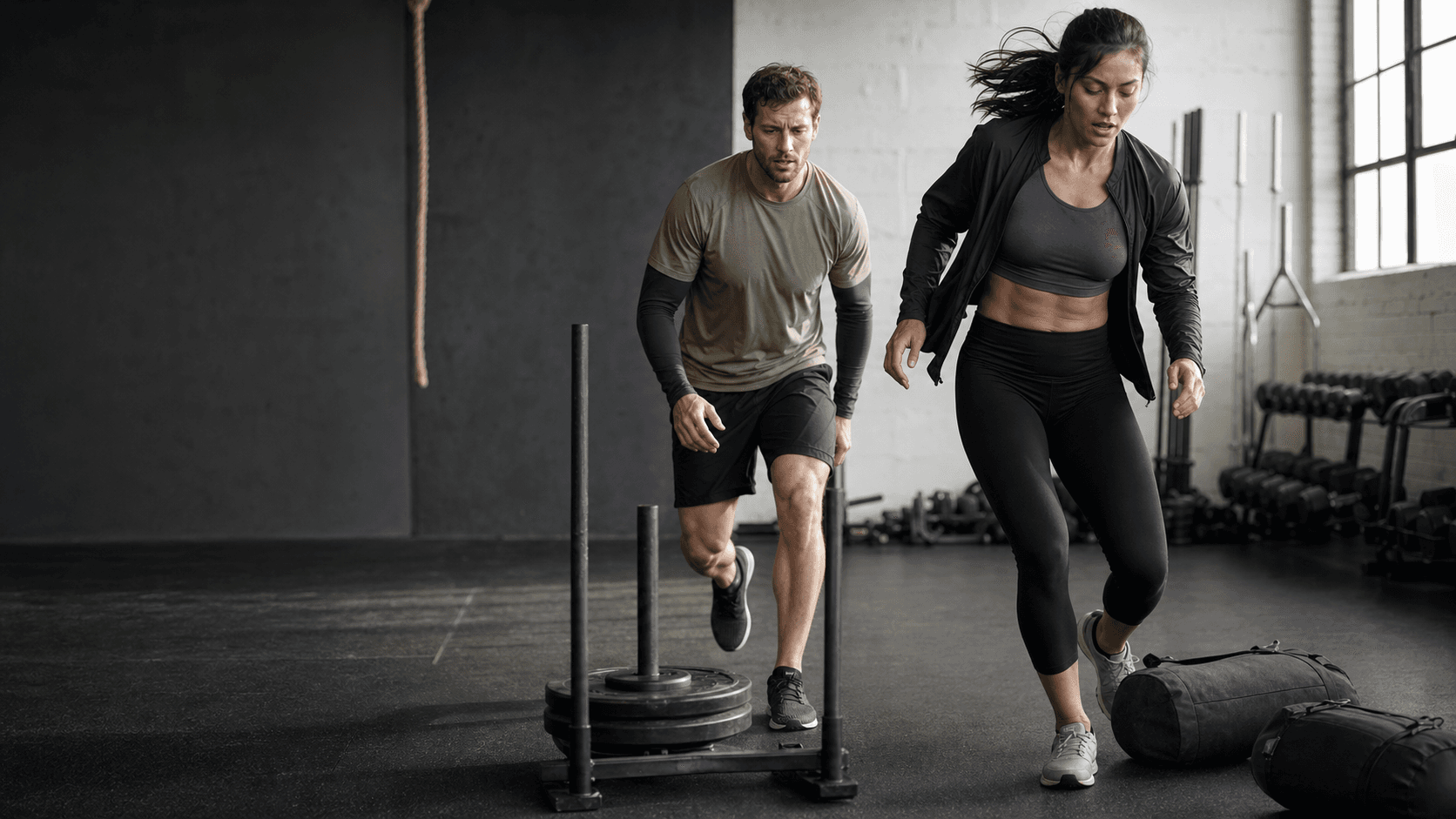 Two athletes training with a sled and sandbags in unbranded hybrid racing apparel