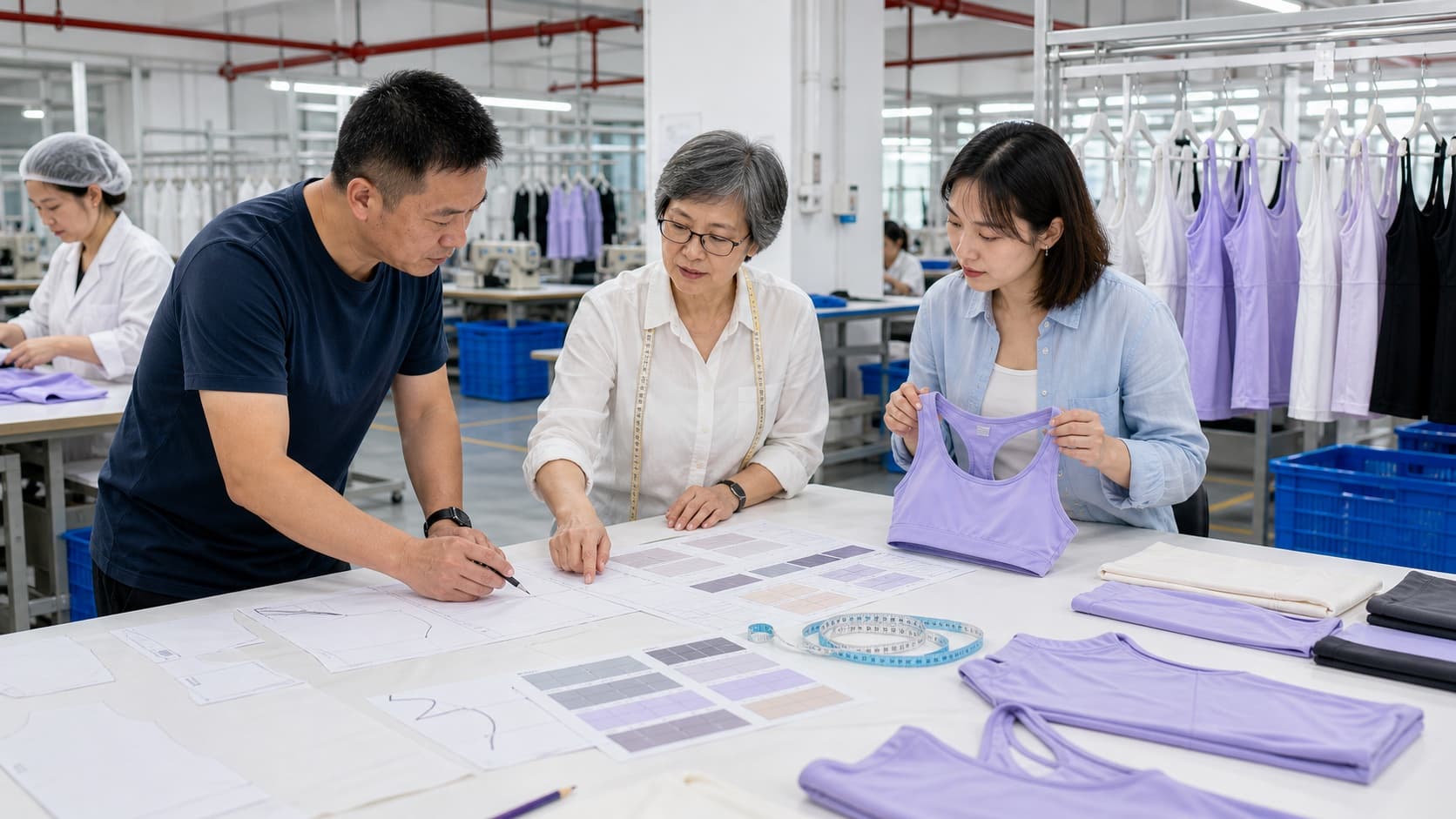Factory team reviewing activewear sample garments, pattern sheets, measurements, and colour references during product development