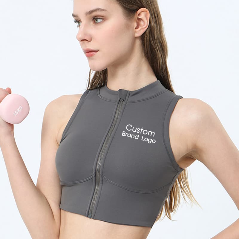 Green high-neck zip-front cropped training top for private-label gym wear development view 5