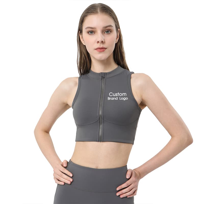 Green high-neck zip-front cropped training top for private-label gym wear development view 6