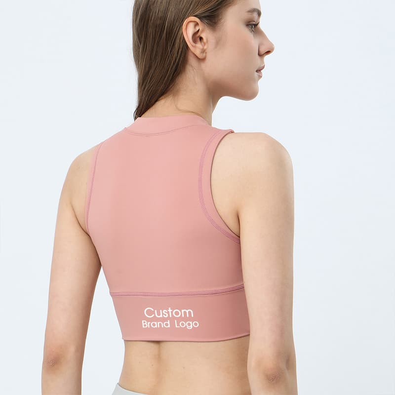 Green high-neck zip-front cropped training top for private-label gym wear development view 4
