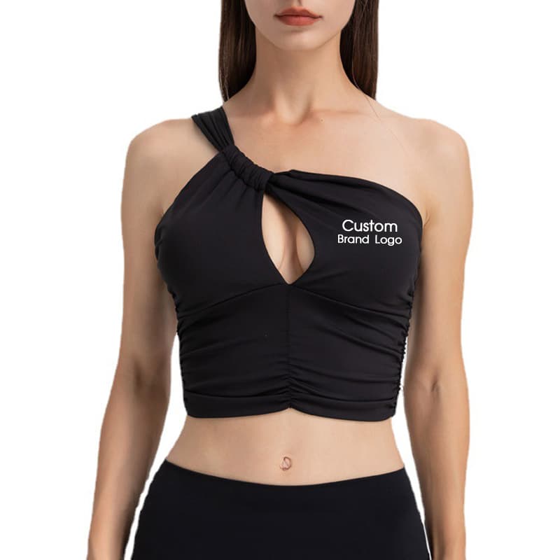 Black one-shoulder knot ruched yoga top for private-label activewear development view 5