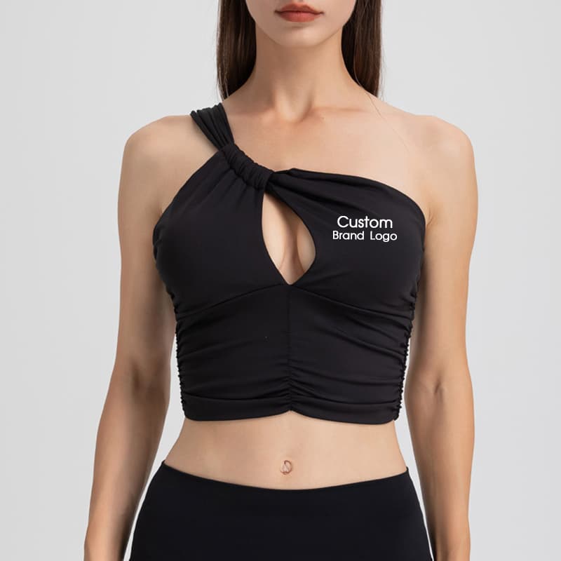 Black one-shoulder knot ruched yoga top for private-label activewear development