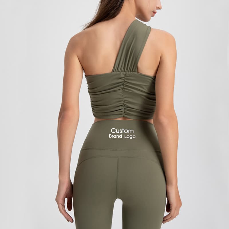 Black one-shoulder knot ruched yoga top for private-label activewear development view 4