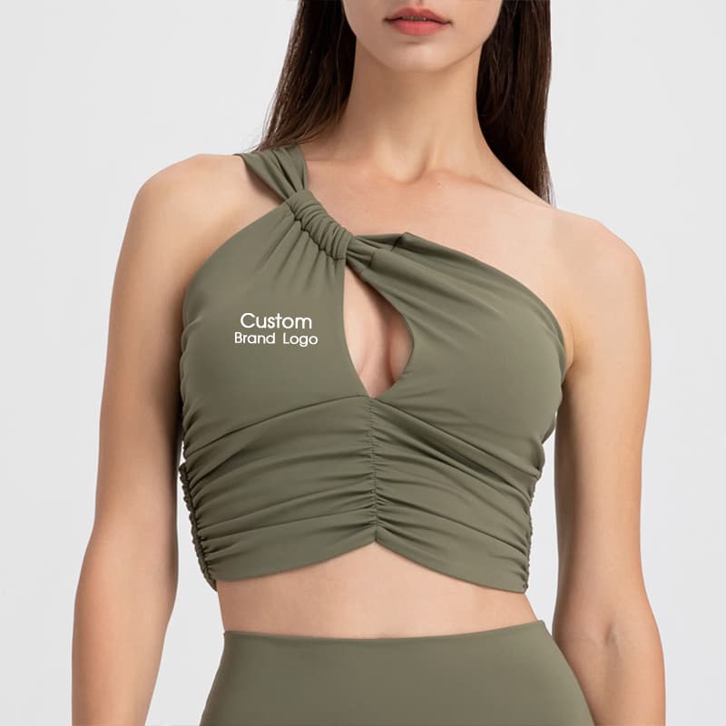 Black one-shoulder knot ruched yoga top for private-label activewear development view 3