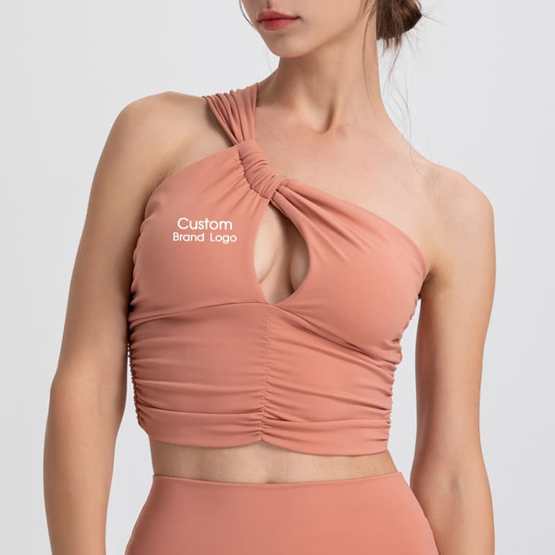 Black one-shoulder knot ruched yoga top for private-label activewear development view 2