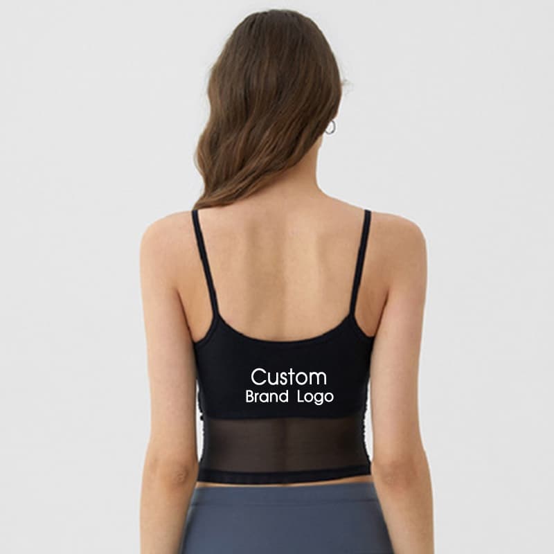 Black ruched mesh-panel yoga tank for private-label activewear development view 4