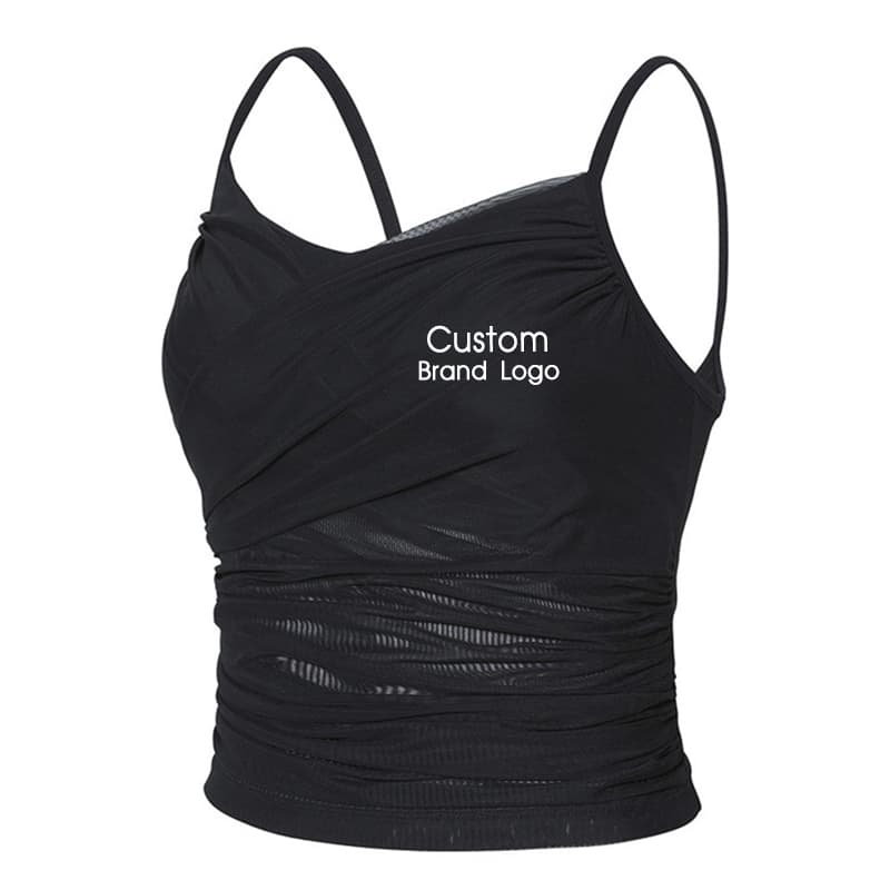 Black ruched mesh-panel yoga tank for private-label activewear development