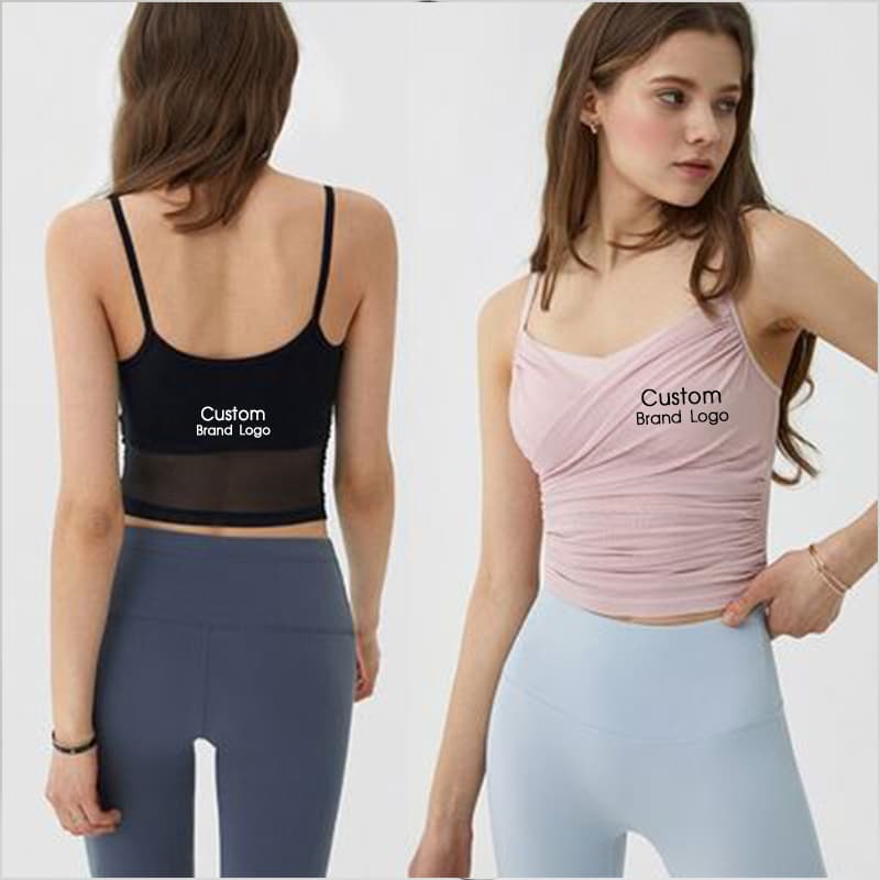 Black ruched mesh-panel yoga tank for private-label activewear development view 5