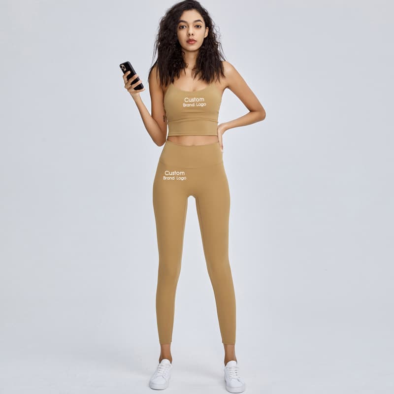 Tan square-neck spaghetti-strap yoga tank for private-label activewear development