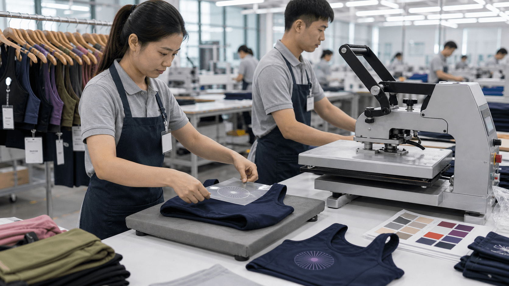 Activewear factory workers preparing private label logo application