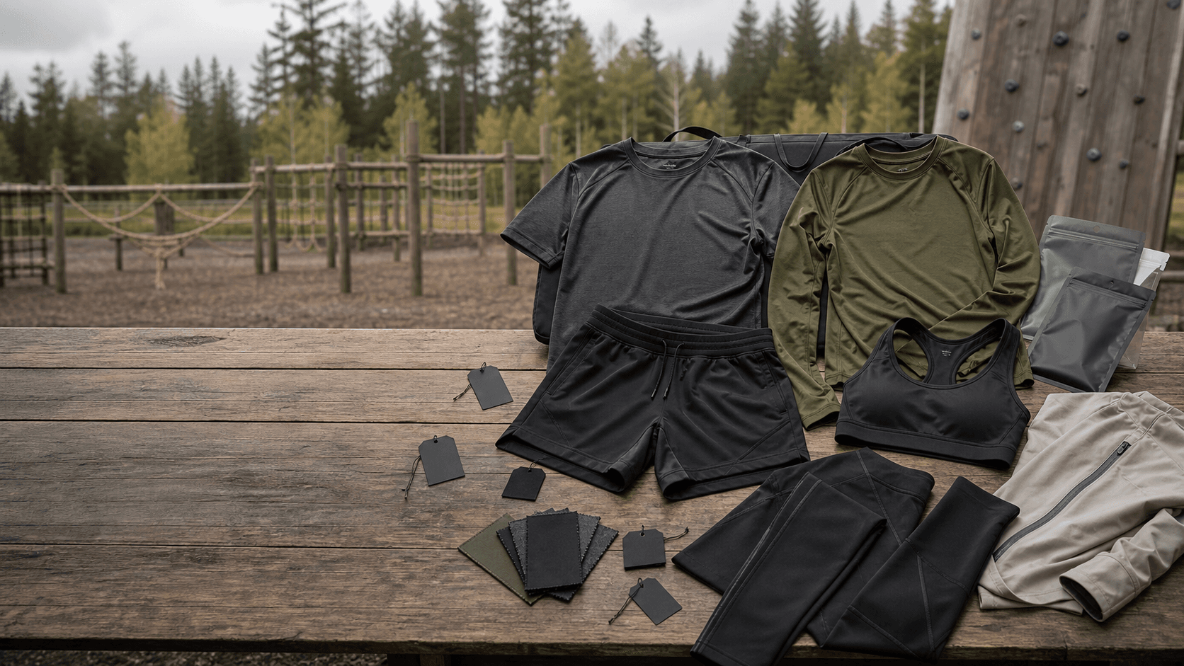 Unbranded private label OCR apparel collection with technical tops, shorts, leggings, tags, fabric swatches, and packaging samples