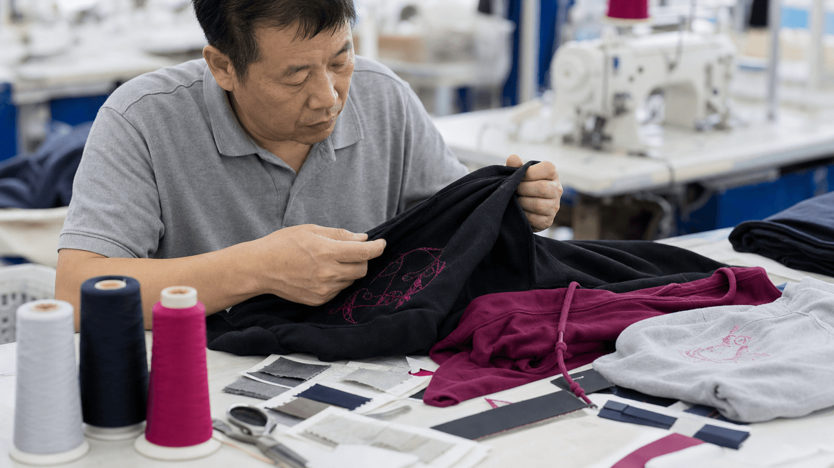 Garment worker reviewing a decorated dark garment with fabric and thread references on a factory worktable.
