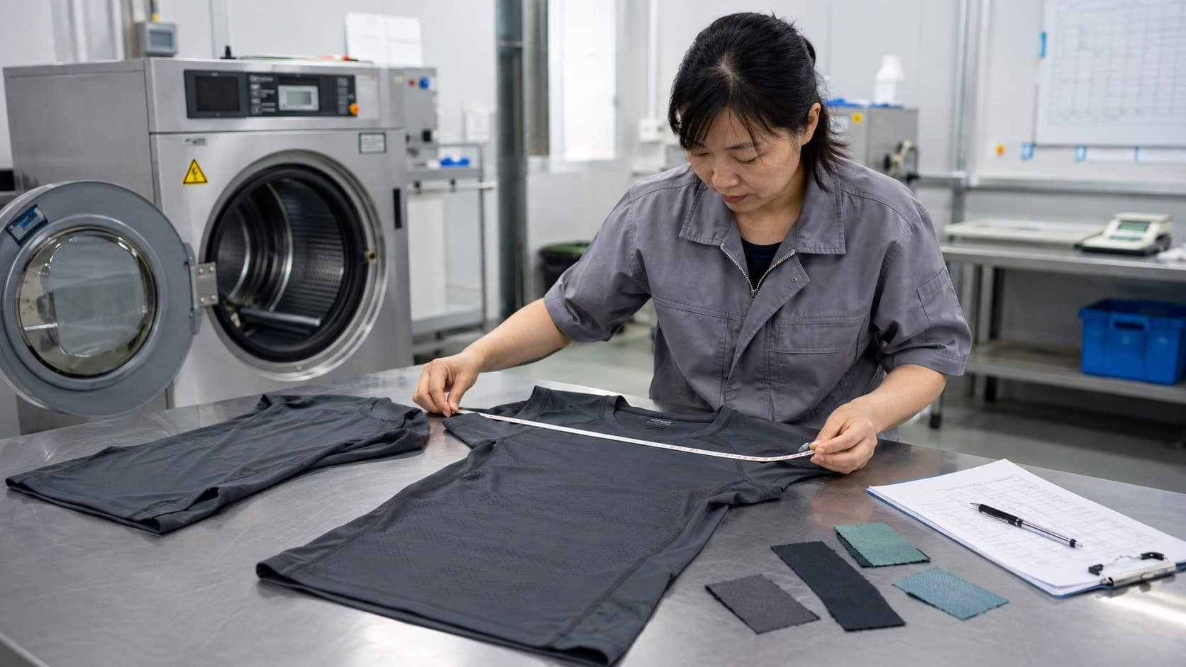 Garment technician measuring a washed activewear top beside an industrial sample washer and control garment