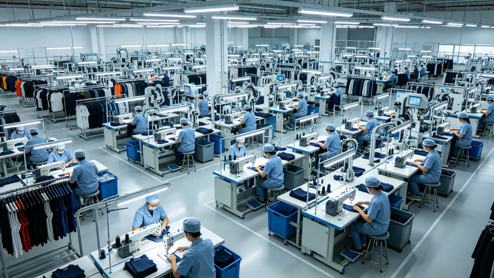 Production-floor reference showing separate workstations and garment flow for a controlled activewear development brief
